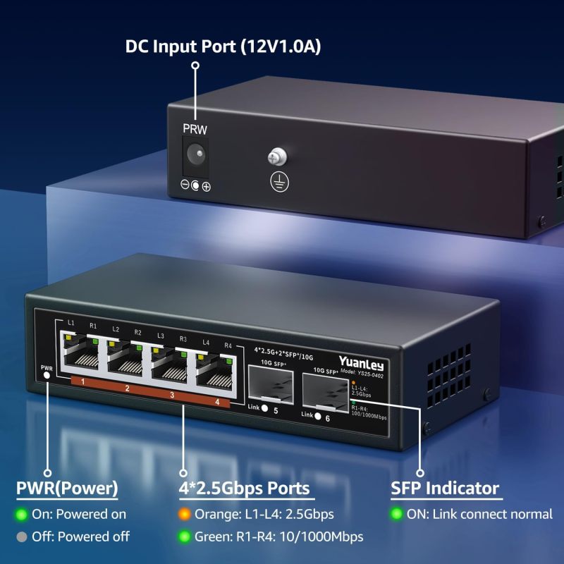 6 Port 2.5G Umanaged Ethernet Switch, 4 x 2.5G Base-T Ports, 2 x 10G SFP, Compatible with 100/1000/2500Mbps, Metal Fanless, Desktop/Wall Mount YuanLey 2.5Gbe Network Switch for Wireless AP, NAS, PC