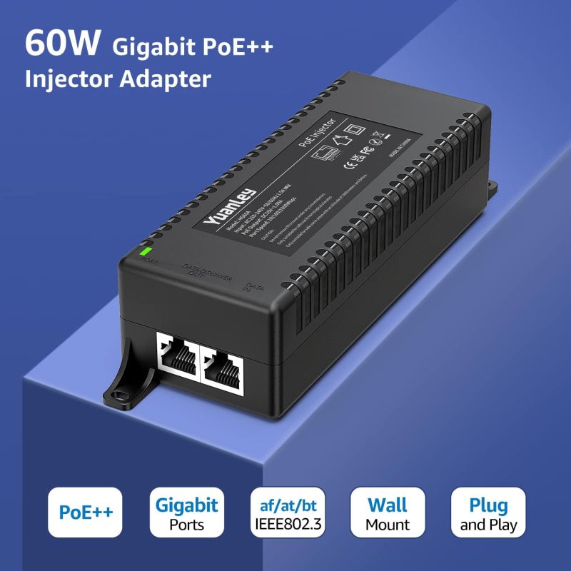 YuanLey Gigabit PoE Injector 60W, PoE++ Injector Converts Non-PoE to PoE++ Network, IEEE 802.3bt/at/af, 10/100/1000Mbps PoE Adapter Plug &amp; Play, Distances Up to 325 Feet, Desktop/Wall-Mount