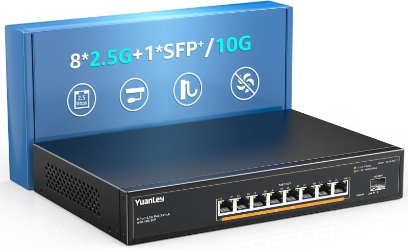 YuanLey 9 Port 2.5G PoE Switch Unmanaged, 8 x 2.5G Base-T PoE Ports, 10G SFP, IEEE802.3af/at, 120W, Compatible with 100/1000/2500Mbps, Metal Fanless, Desktop/Wall Mount 2.5Gbe Network Switch