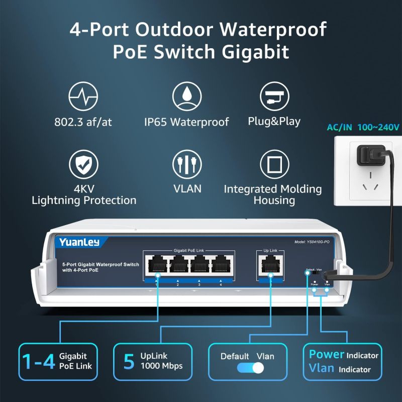 YuanLey 4-Port PoE Switch Gigabit- Waterproof Outdoor Ethernet Unmanaged Network Switch with VLAN Function, 78W Built-in Power, IEEE802.3af/at Support and Plug &amp; Play, Ideal for Outdoor Use