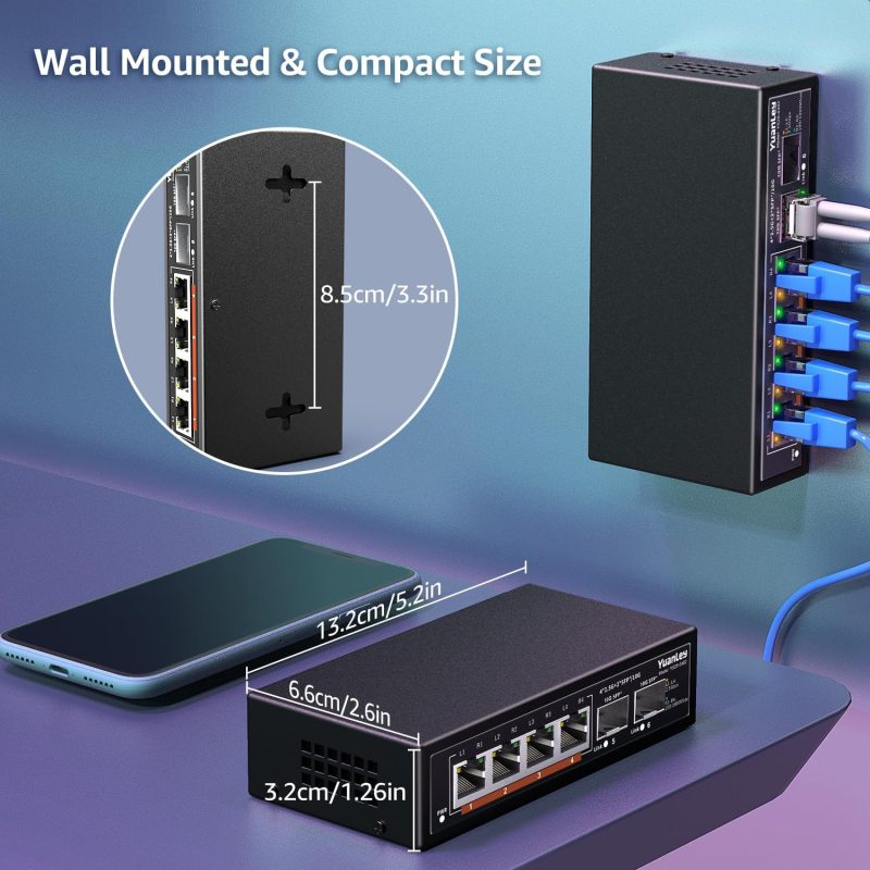 6 Port 2.5G Umanaged Ethernet Switch, 4 x 2.5G Base-T Ports, 2 x 10G SFP, Compatible with 100/1000/2500Mbps, Metal Fanless, Desktop/Wall Mount YuanLey 2.5Gbe Network Switch for Wireless AP, NAS, PC