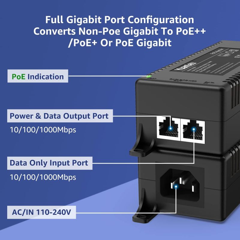 YuanLey Gigabit PoE Injector 60W, PoE++ Injector Converts Non-PoE to PoE++ Network, IEEE 802.3bt/at/af, 10/100/1000Mbps PoE Adapter Plug &amp; Play, Distances Up to 325 Feet, Desktop/Wall-Mount