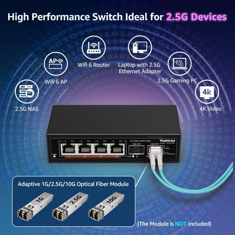 6 Port 2.5G Umanaged Ethernet Switch, 4 x 2.5G Base-T Ports, 2 x 10G SFP, Compatible with 100/1000/2500Mbps, Metal Fanless, Desktop/Wall Mount YuanLey 2.5Gbe Network Switch for Wireless AP, NAS, PC