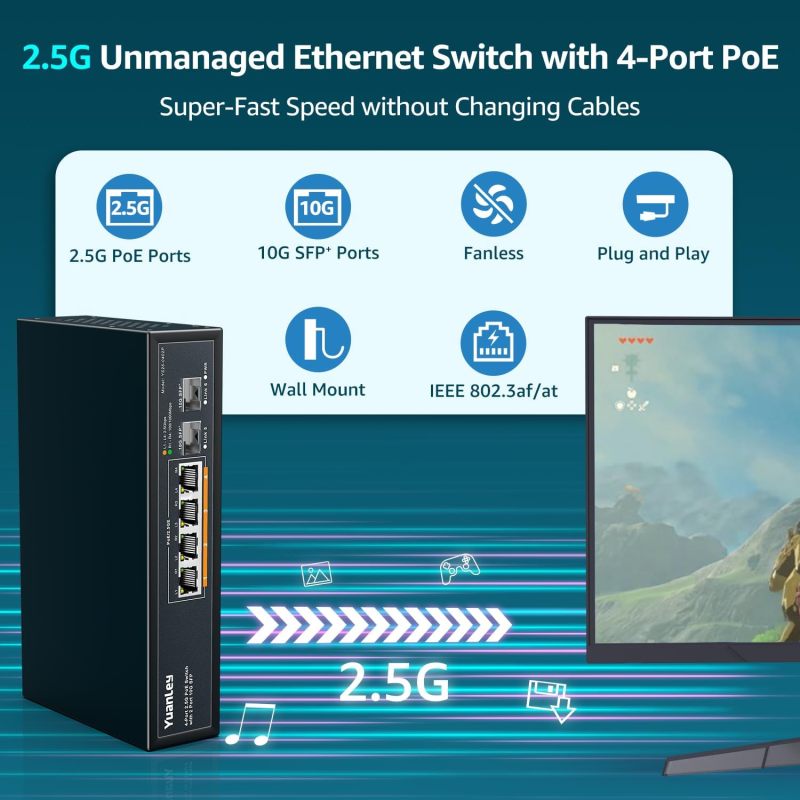 YuanLey 6 Port 2.5G PoE Switch Unmanaged, 4 x 2.5G Base-T PoE Ports, 2 x 10G SFP, IEEE802.3af/at, 78W, Compatible with 100/1000/2500Mbps, Metal Fanless, Desktop/Wall Mount 2.5Gbe Network Switch