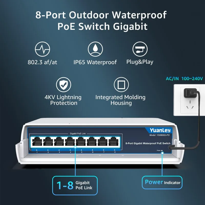 YuanLey 8-Port PoE Switch Gigabit- Waterproof Outdoor Ethernet Unmanaged Network Switch 1000Mbps, 120W Built-in Power, IEEE802.3af/at Support and Plug &amp; Play, Ideal for Outdoor Use