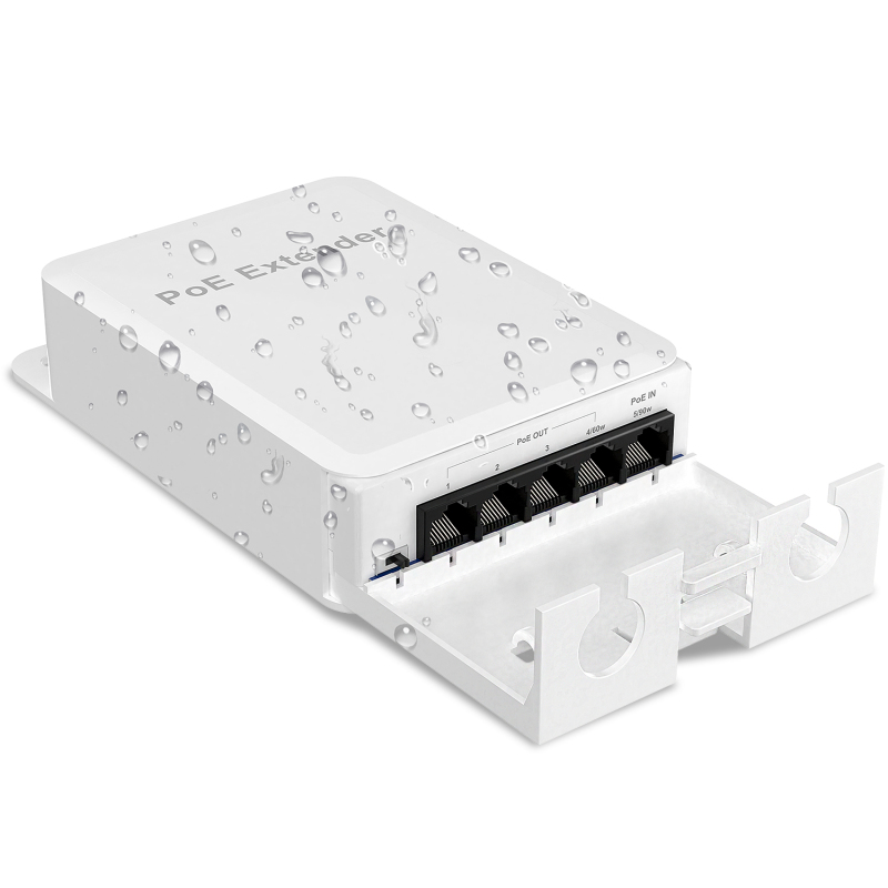 YuanLey Outdoor PoE Extender 1 to 4, 802.3af/at/bt 90W in 60W Out Mini 5 Port PoE Repeater IP66 Waterproof, Vlan, Extend 250m, Unmanaged PoE Passthrough Switch, Wall Mount