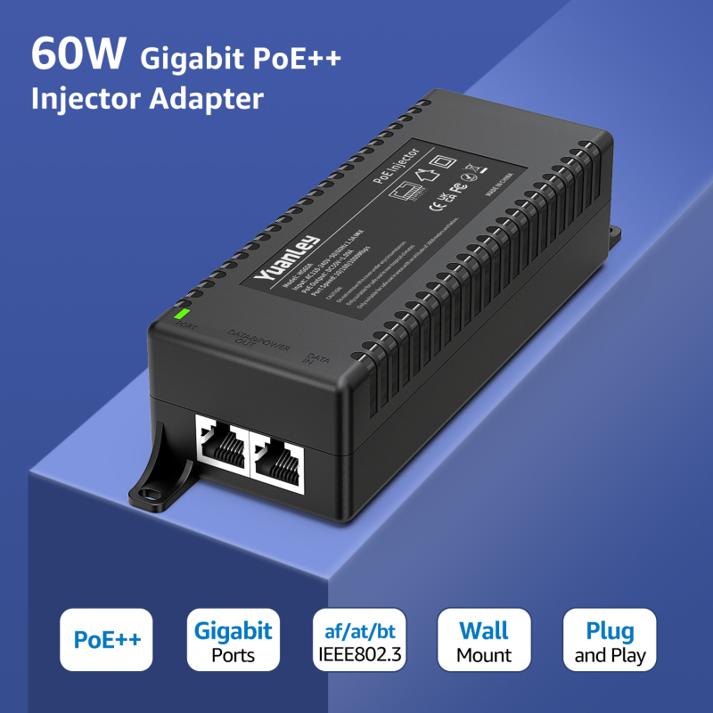 YuanLey 60W Gigabit PoE Injector Converts Non-PoE Devices to PoE++ Network, Supports IEEE 802.3bt/at/af, 10/100/1000Mbps PoE Adapter Plug & Play, up to 325ft Distances (Power Cord not Included).
