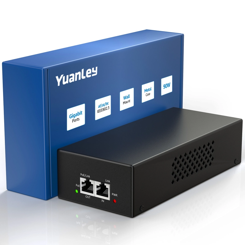 YuanLey 90W Gigabit PoE Injector, PoE++ Conversion, IEEE 802.3bt/at/af, Ultra Fast 10/100/1000Mbps PoE Adapter, Plug & Play, Up to 325 Feet, Metal Case (Power Cord Not Included)