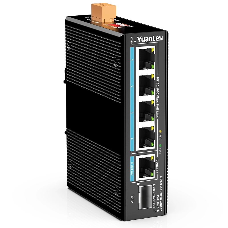 YuanLey 6 Port Industrial Switch with 4 Port PoE Gigabit, 1 1000Mbps Uplink, 1 SFP Port, Unmanaged DIN-Rail PoE Switch, IEEE802.3af/at, 12Gbps Switching Capacity, IP40, VLAN, AI Watchdog, Fanless