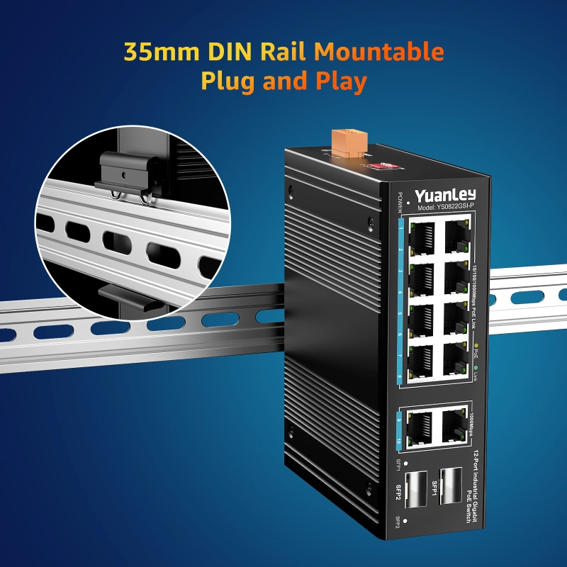 YuanLey 12 Port Industrial Switch with 8 Port PoE Gigabit, 2 1000Mbps Uplink, 2 SFP Port, Unmanaged DIN-Rail PoE Switch, IEEE802.3af/at, 24Gbps Switching Capacity, IP40, Extend, AI Watchdog, Fanless