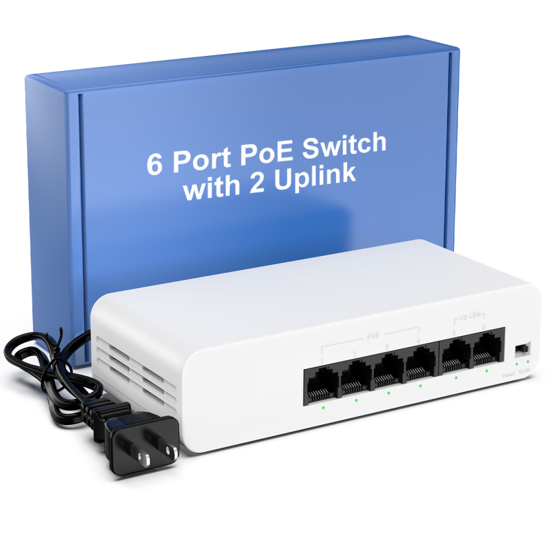 【2024 New Released】6 Port PoE Switch, 4 PoE+ Ethernet Port 100Mbps, 55W 802.3af/at, Extend 250m, Fanless, Yuanley Unmanaged PoE Network Switch Compatible for Hikvision, Reolink, Amcrest Security Camer