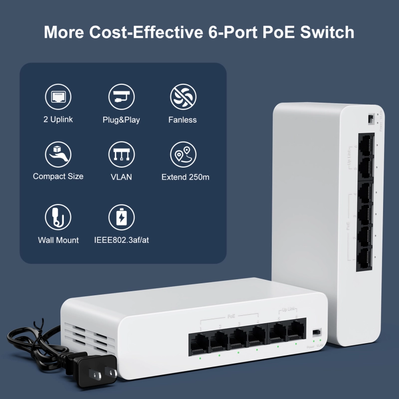 【2024 New Released】6 Port PoE Switch, 4 PoE+ Ethernet Port 100Mbps, 55W 802.3af/at, Extend 250m, Fanless, Yuanley Unmanaged PoE Network Switch Compatible for Hikvision, Reolink, Amcrest Security Camer