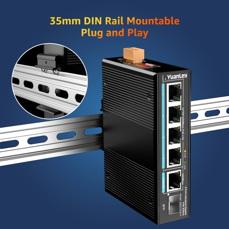 YuanLey 6 Port Industrial Switch with 4 Port PoE Gigabit, 1 1000Mbps Uplink, 1 SFP Port, Unmanaged DIN-Rail PoE Switch, IEEE802.3af/at, 12Gbps Switching Capacity, IP40, VLAN, AI Watchdog, Fanless