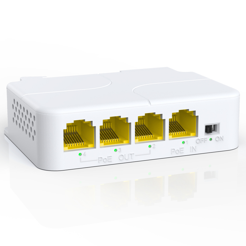 YuanLey 4 Port PoE Extender Gigabit with 3 PoE Out, IEEE 802.3af/at Mini 4 Channel PoE Repeater 1000Mbps, Wall and Din Rail Mount Passthrough POE Amplifier/Booster, Plug and Play