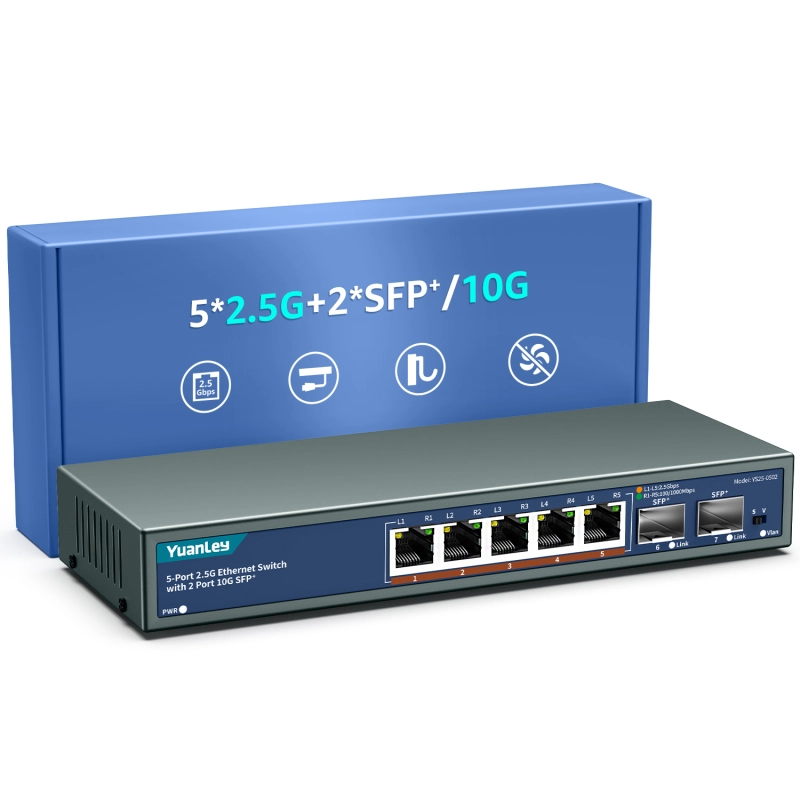 7 Port 2.5G Umanaged Ethernet Switch, 5 x 2.5G Base-T Ports, 2 x 10G SFP, Compatible with 100/1000/2500Mbps, Metal Fanless, Desktop/Wall Mount YuanLey 2.5Gbe Network Switch for Wireless AP, NAS, PC