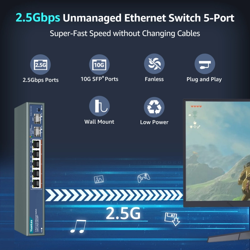 7 Port 2.5G Umanaged Ethernet Switch, 5 x 2.5G Base-T Ports, 2 x 10G SFP, Compatible with 100/1000/2500Mbps, Metal Fanless, Desktop/Wall Mount YuanLey 2.5Gbe Network Switch for Wireless AP, NAS, PC