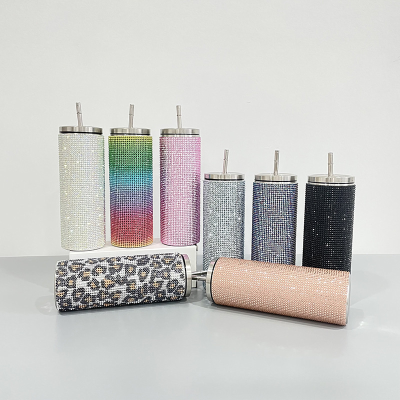20oz Sublimation Straight Stainless Steel Diamond TUmblers with Plastic Straw&Lids