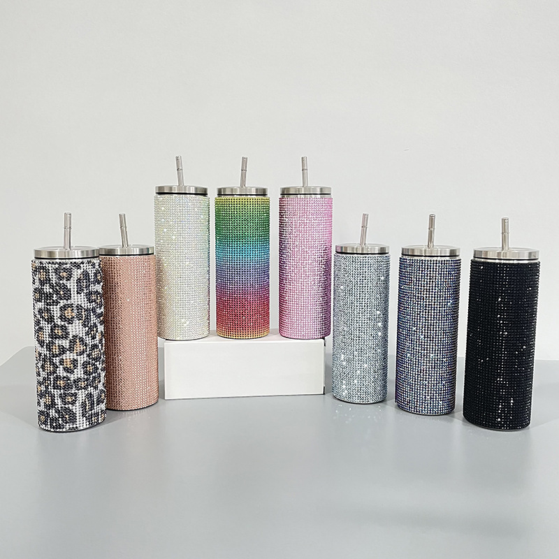 20oz Sublimation Straight Stainless Steel Diamond TUmblers with Plastic Straw&Lids
