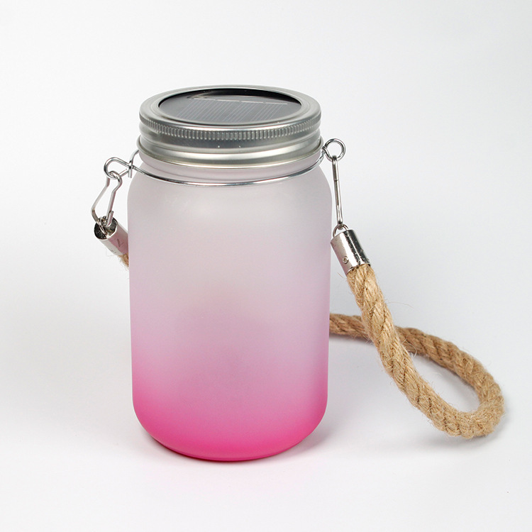 500ml/17oz Sublimation Frost Colored Glass Mason Jar Courtyard Lamp with Hemp Rope Handle and Lamp string - Chinese Warehouse
