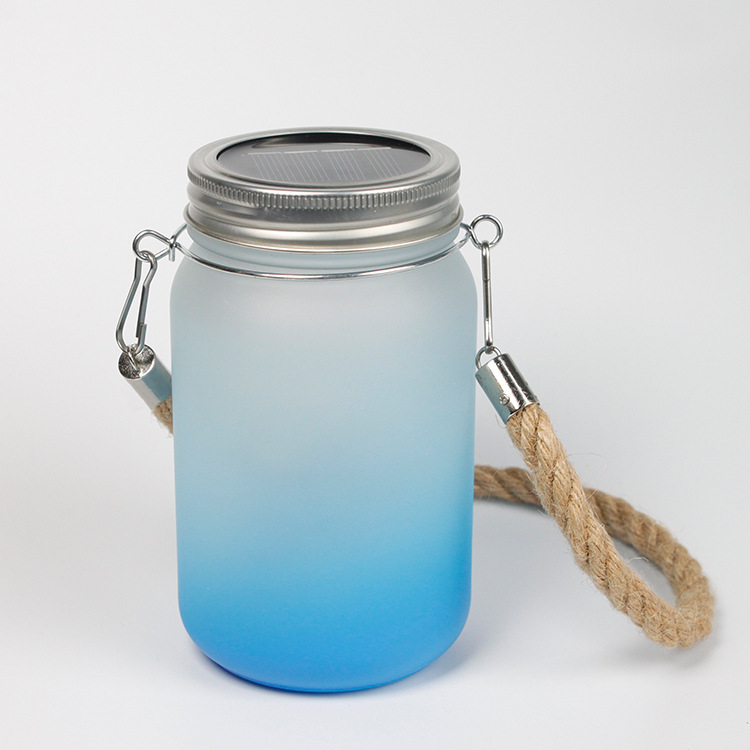 500ml/17oz Sublimation Frost Colored Glass Mason Jar Courtyard Lamp with Hemp Rope Handle and Lamp string - Chinese Warehouse