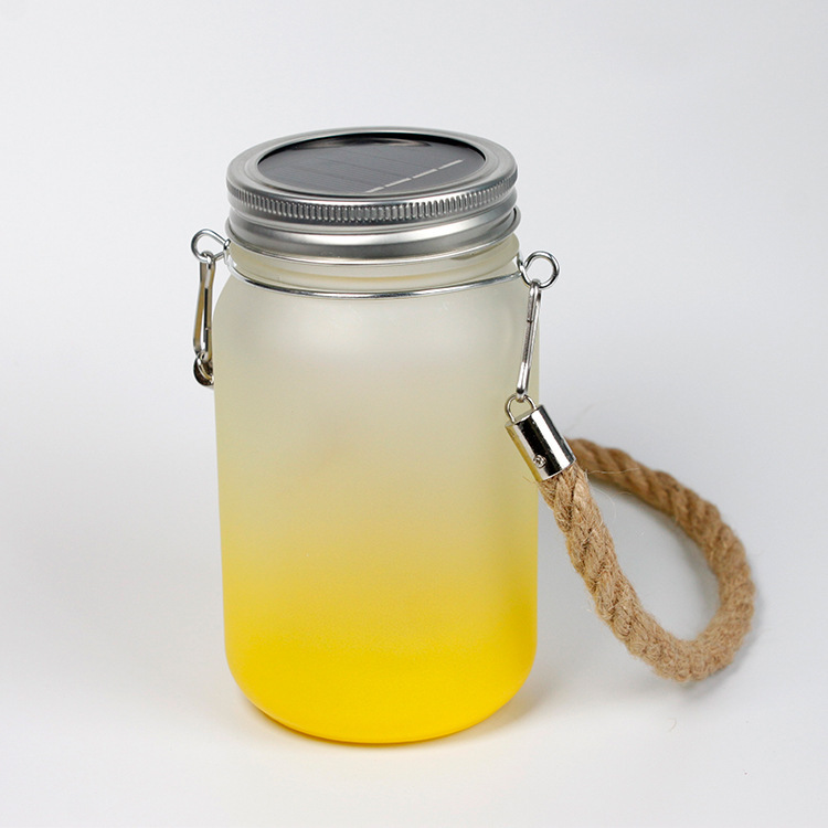 500ml/17oz Sublimation Frost Colored Glass Mason Jar Courtyard Lamp with Hemp Rope Handle and Lamp string - Chinese Warehouse
