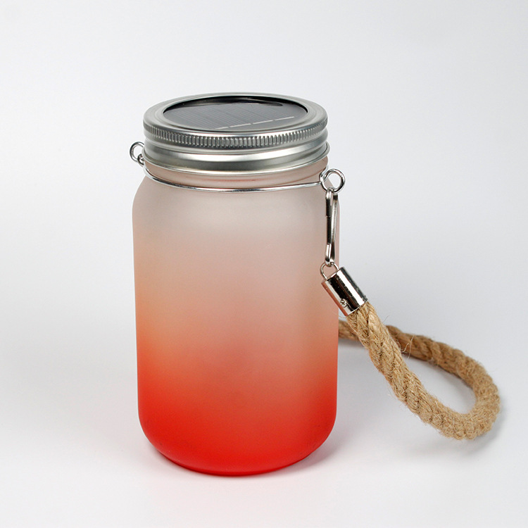 500ml/17oz Sublimation Frost Colored Glass Mason Jar Courtyard Lamp with Hemp Rope Handle and Lamp string - Chinese Warehouse