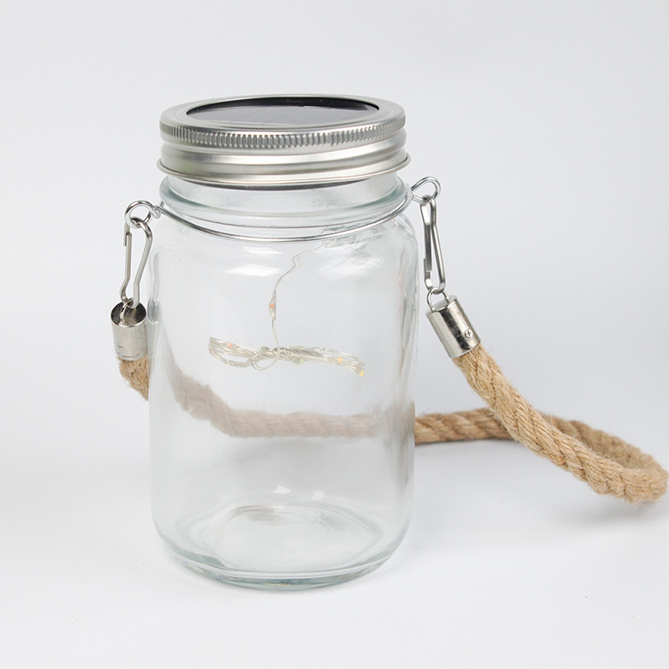 500ml/17oz Sublimation Frost Colored Glass Mason Jar Courtyard Lamp with Hemp Rope Handle and Lamp string - Chinese Warehouse