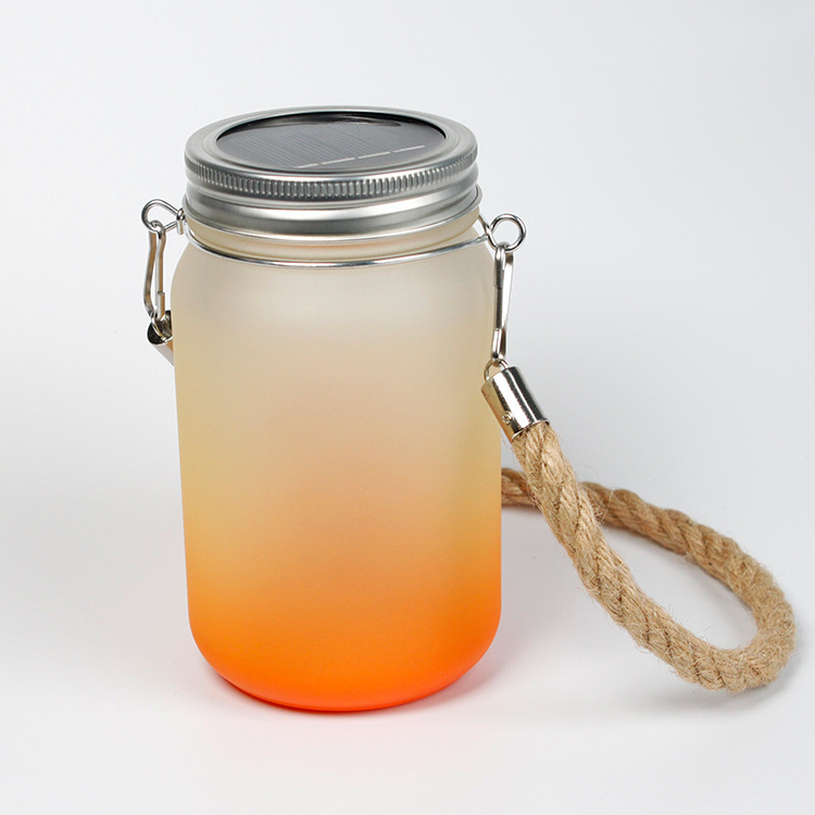 500ml/17oz Sublimation Frost Colored Glass Mason Jar Courtyard Lamp with Hemp Rope Handle and Lamp string - Chinese Warehouse