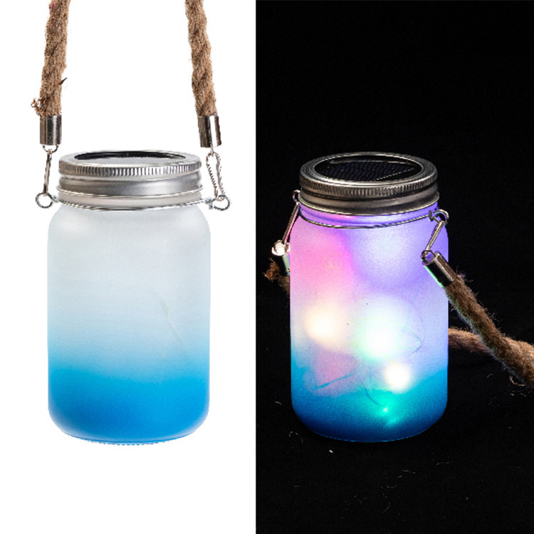 500ml/17oz Sublimation Frost Colored Glass Mason Jar Courtyard Lamp with Hemp Rope Handle and Lamp string - Chinese Warehouse