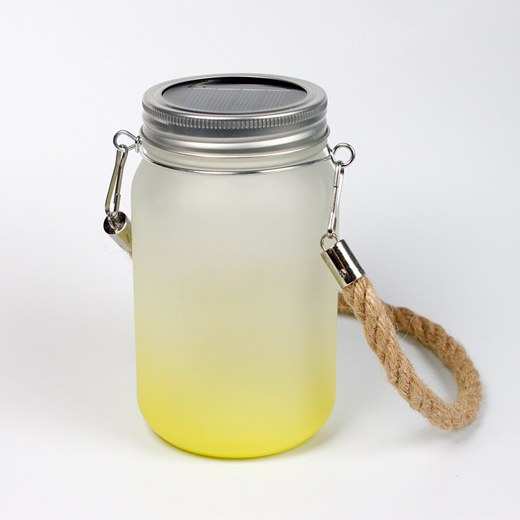 500ml/17oz Sublimation Frost Colored Glass Mason Jar Courtyard Lamp with Hemp Rope Handle and Lamp string - Chinese Warehouse