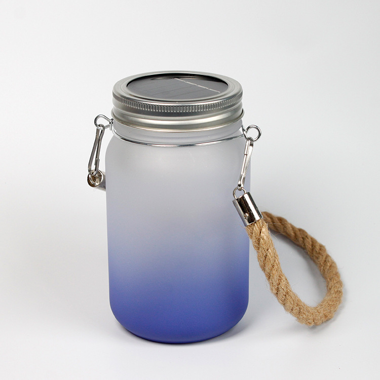 500ml/17oz Sublimation Frost Colored Glass Mason Jar Courtyard Lamp with Hemp Rope Handle and Lamp string - Chinese Warehouse