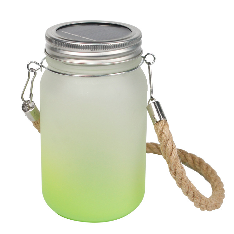 500ml/17oz Sublimation Frost Colored Glass Mason Jar Courtyard Lamp with Hemp Rope Handle and Lamp string - Chinese Warehouse