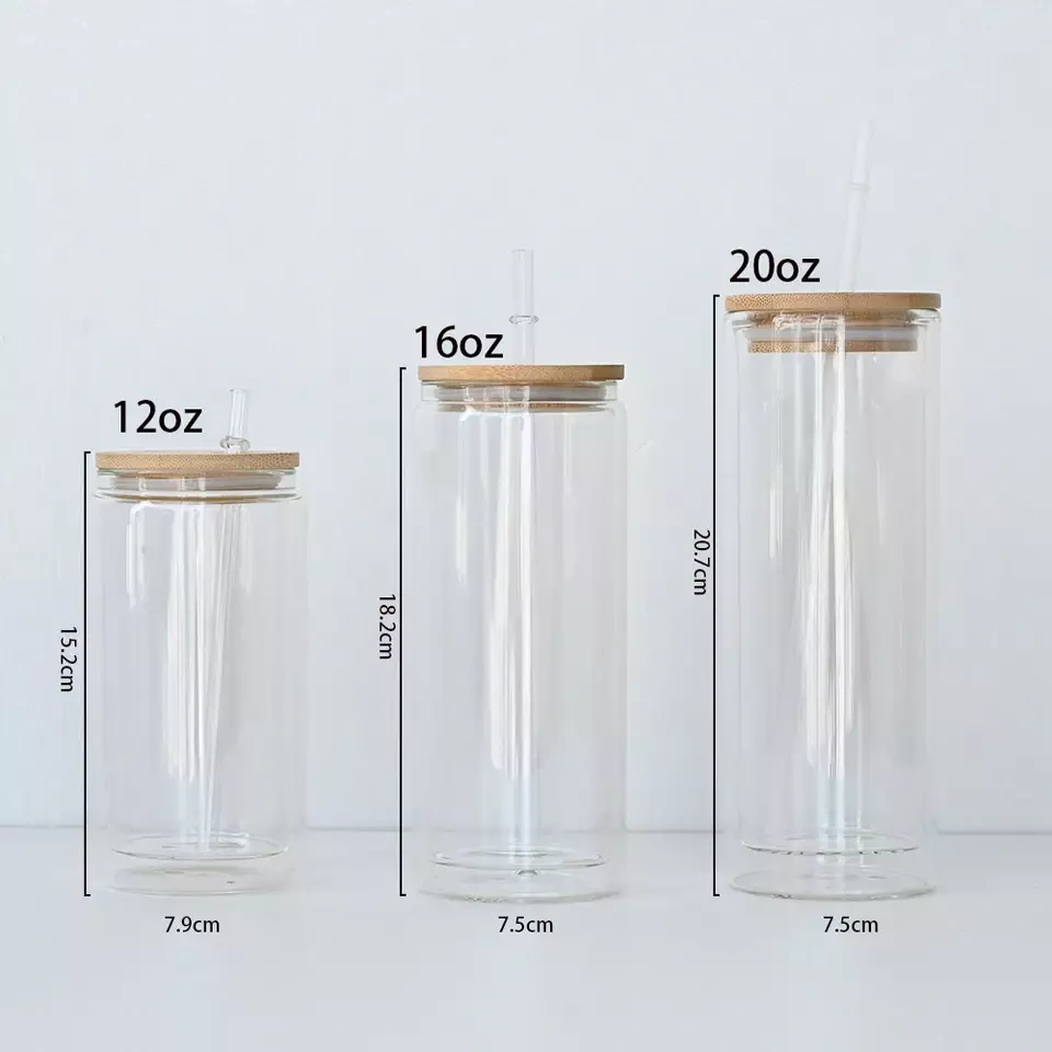 12oz/16oz/20oz Sublimation Snow Globe Double Wall Glass Can With Bamboo Lid and Plastic Straw - US Warehouse