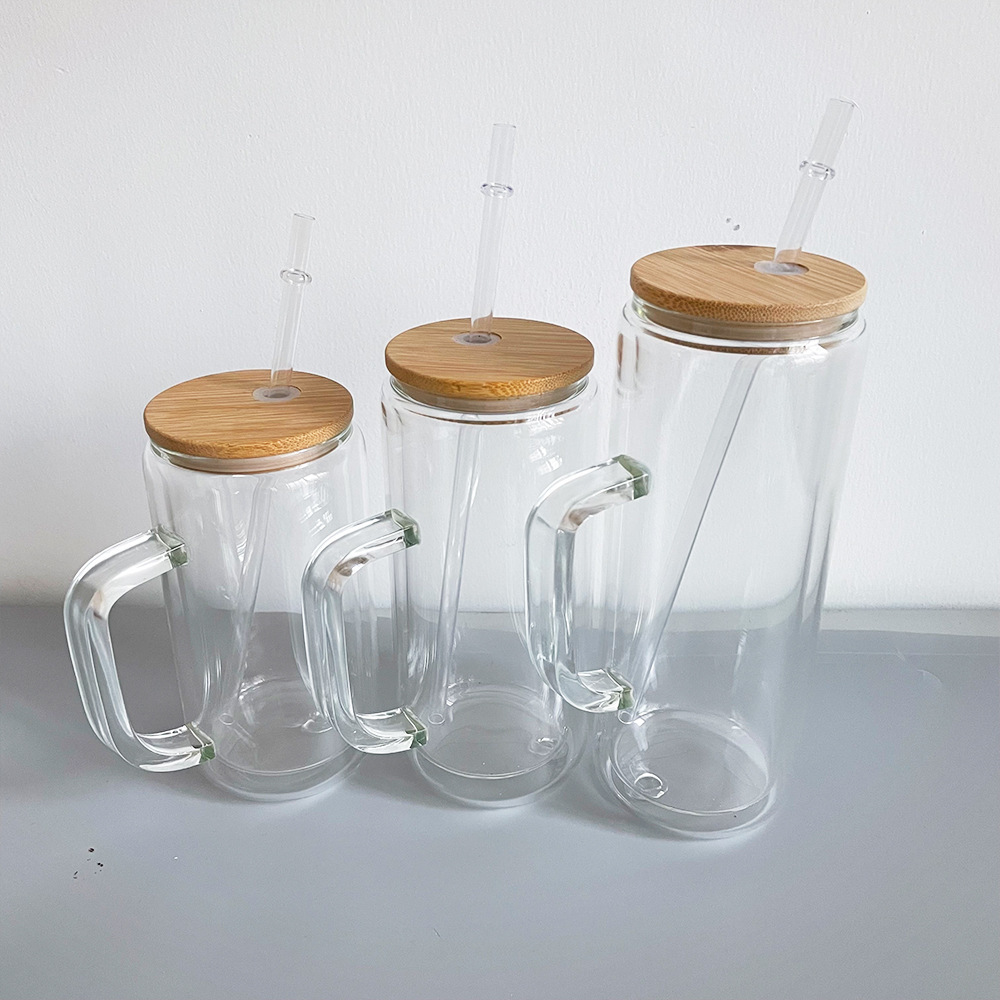 12oz/16oz/20oz Sublimation Snow Globe Double Wall Glass Can With Handle&Bamboo Lid&Plastic Straw - Chinese Warehouse
