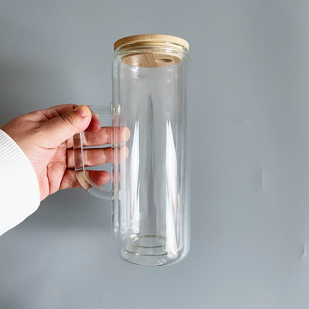 12oz/16oz/20oz Sublimation Snow Globe Double Wall Glass Can With Handle&Bamboo Lid&Plastic Straw - Chinese Warehouse