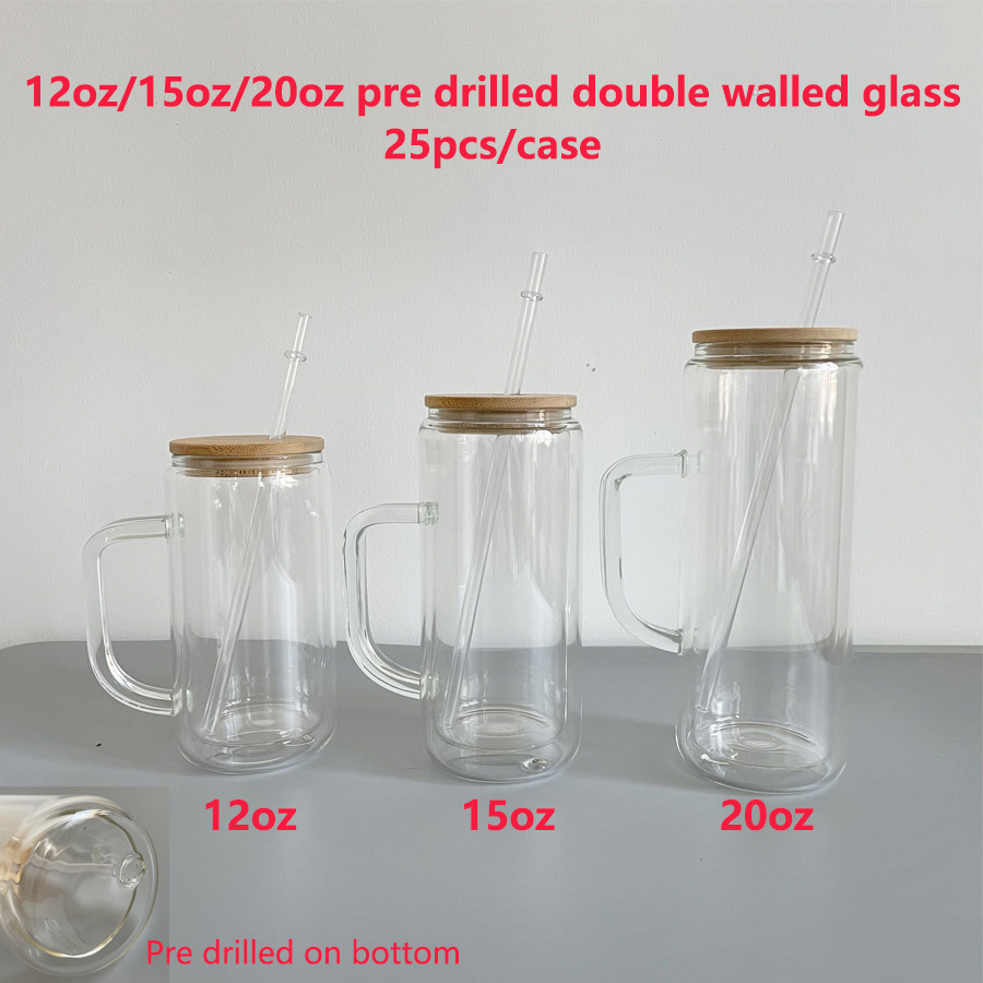 12oz/16oz/20oz Sublimation Snow Globe Double Wall Glass Can With Handle&Bamboo Lid&Plastic Straw - Chinese Warehouse