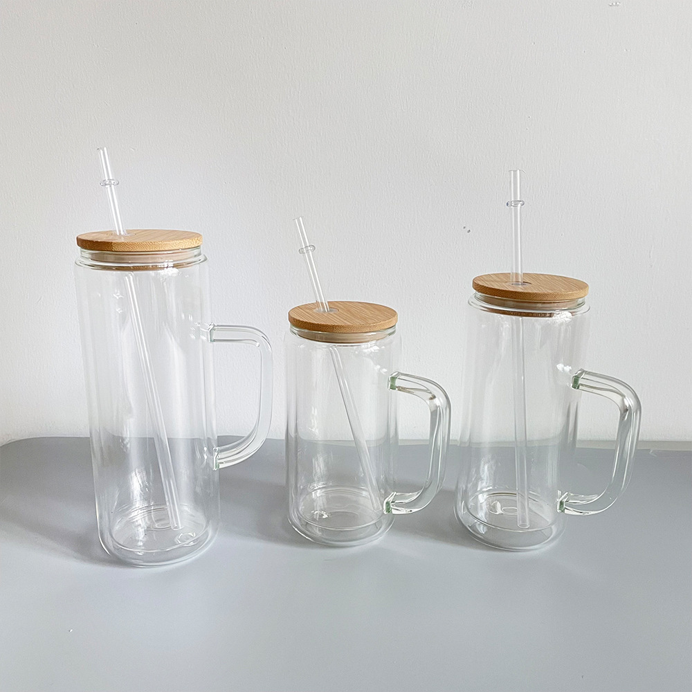 12oz/16oz/20oz Sublimation Snow Globe Double Wall Glass Can With Handle&Bamboo Lid&Plastic Straw - Chinese Warehouse