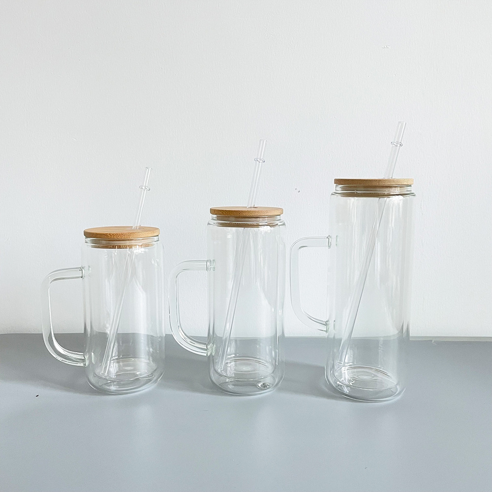 12oz/16oz/20oz Sublimation Snow Globe Double Wall Glass Can With Handle&Bamboo Lid&Plastic Straw - Chinese Warehouse