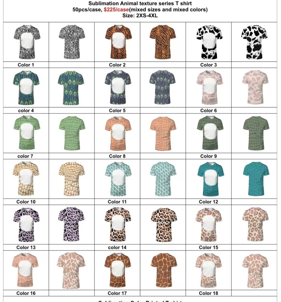 Sublimation Case of 50pack Animal Texture Series T shirt with Mixed Sizes and Colors- Chinese Warehouse