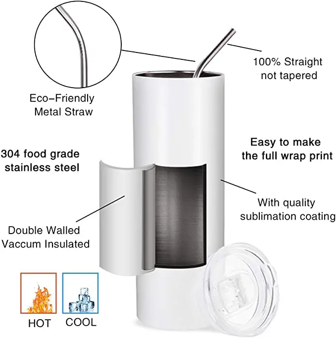 RTS US Warehouse Case of 25pack 20oz Glossy Regular Edge Sub Straight Skinny Tumblers with Plastic&Rubber Bottom