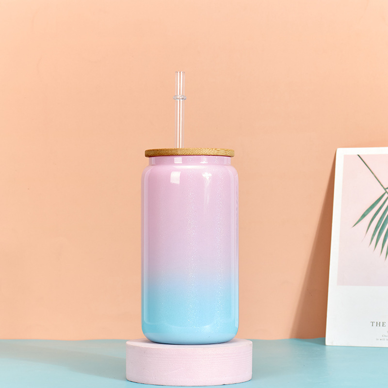 Case of 25pack 16oz Sublimation Ombre Rainbow Glass Can With Bamboo Lid and Plastic Straw - Chinese Warehouse