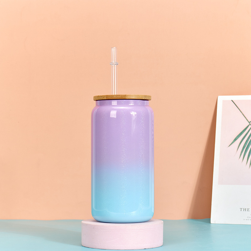 Case of 25pack 16oz Sublimation Ombre Rainbow Glass Can With Bamboo Lid and Plastic Straw - Chinese Warehouse