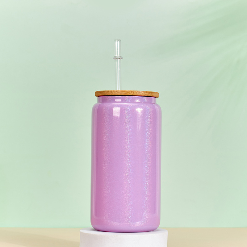 Case of 25pack 16oz Sublimation Rainbow Glitter Glass Can With Bamboo Lid and Plastic Straw - Chinese Warehouse