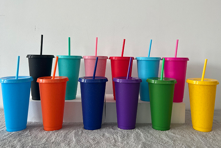 16oz/24oz case of 200pack Plastic Single Wall reusable matte glitter shimmer Tumbler with Plastic Straw - Chinese Warehouse