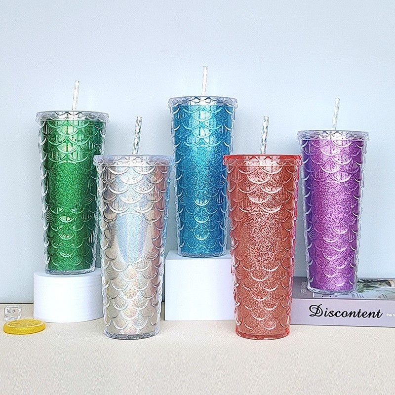 24oz Plastic Acrylic Double Wall fish mermaid scale glitter with Plastic Straw - Chinese Warehouse