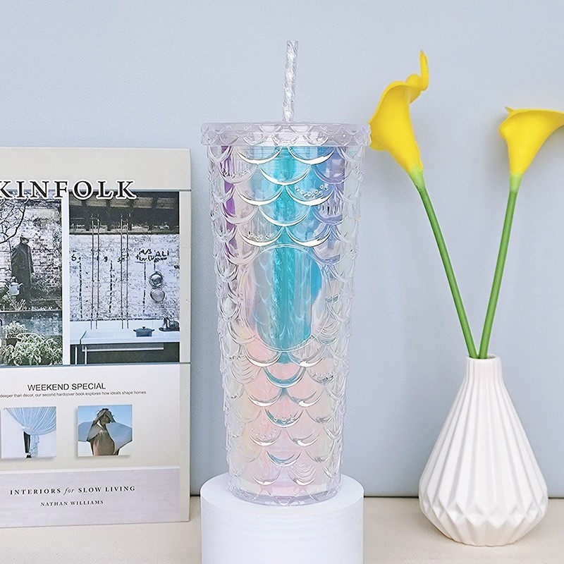 24oz Plastic Acrylic Double Wall fish mermaid scale glitter with Plastic Straw - Chinese Warehouse
