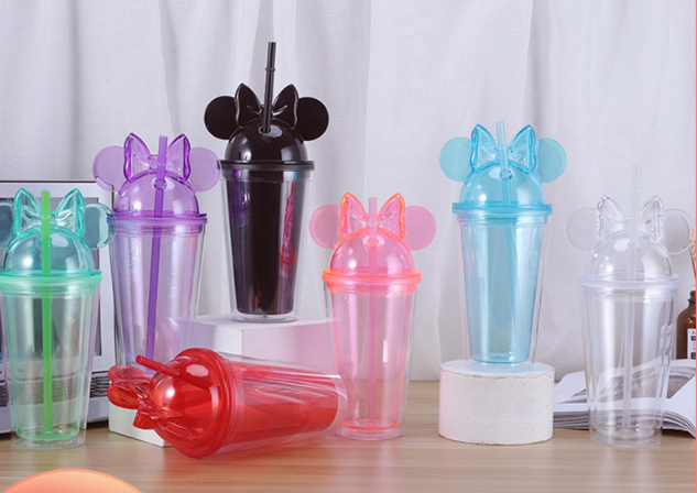 16oz Plastic Acrylic Double Wall  Minnie Tumbler with Plastic Straw - Chinese Warehouse
