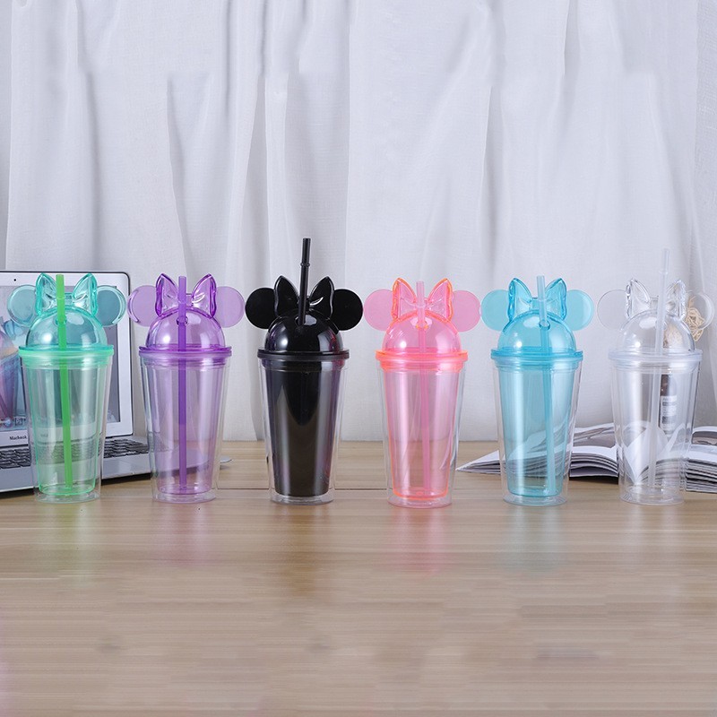 16oz Plastic Acrylic Double Wall  Minnie Tumbler with Plastic Straw - Chinese Warehouse