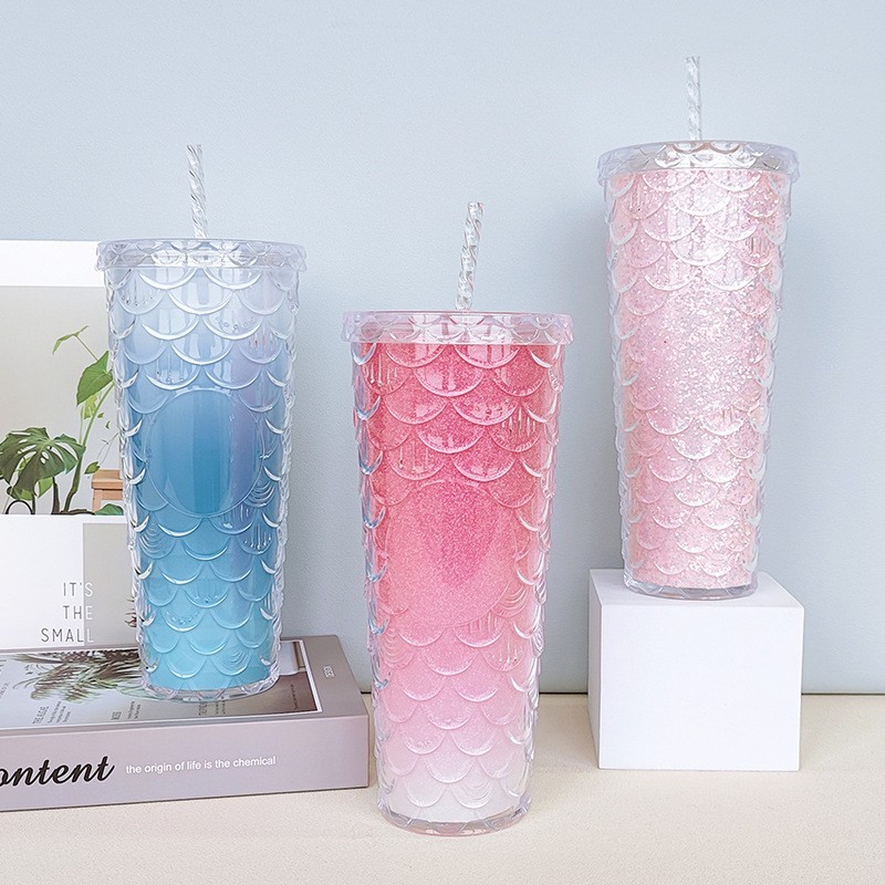 24oz Plastic Acrylic Double Wall fish mermaid scale glitter with Plastic Straw - Chinese Warehouse