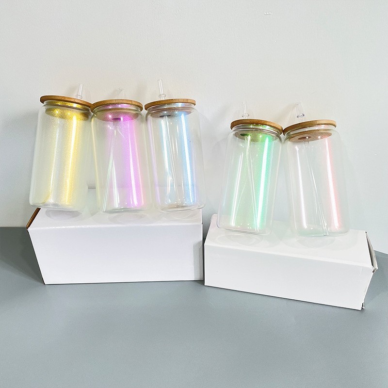 Case of 25pack 16oz Sublimation frosted iridescent glass can With Bamboo Lid and Plastic Straw - Chinese Warehouse